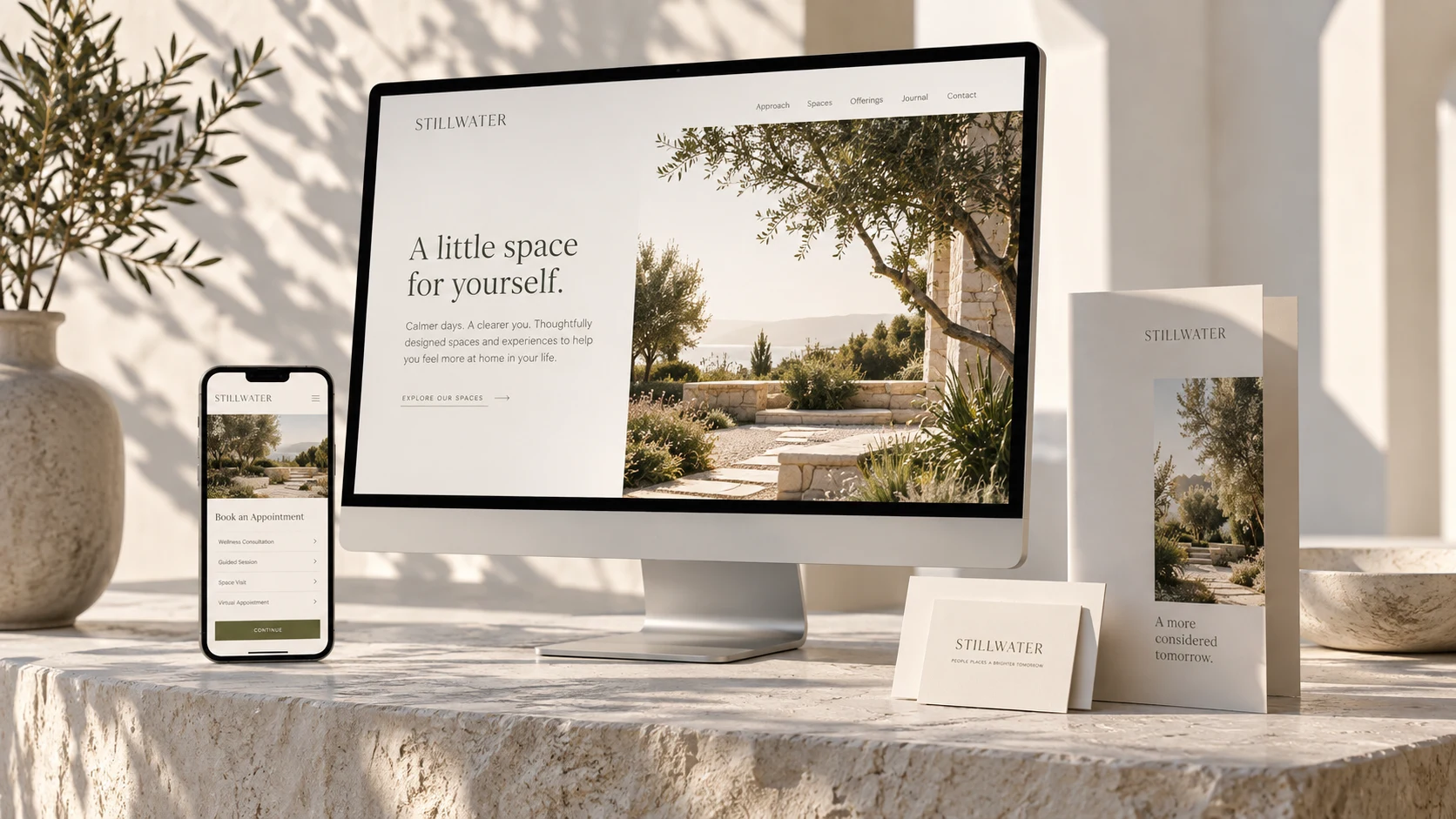 Illustrative Stillwater brand concept, brought together across a website, mobile screen, and printed materials