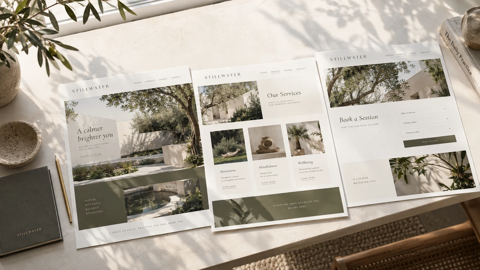 Illustrative website layouts showing a homepage, services page, and booking page being refined together